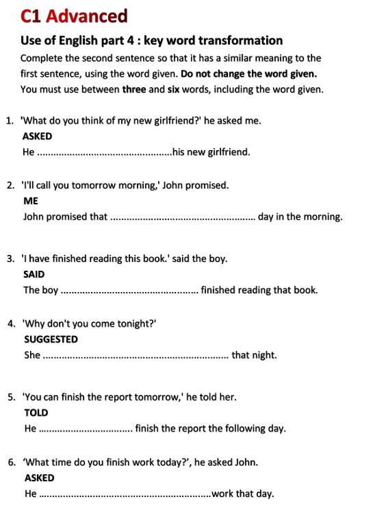 reported speech c1 pdf exercises